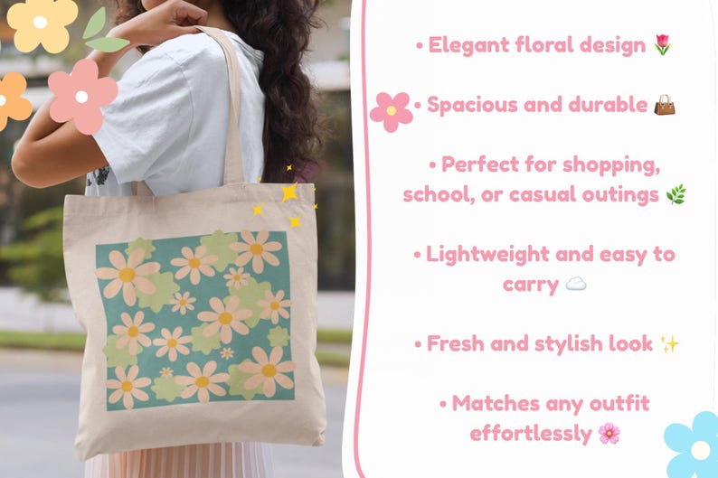Retro Daisy Floral Tote Bag, 12 oz Cotton Canvas, Wildflowers Print, Garden Carryall image 3