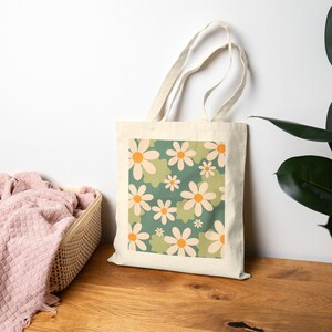 Retro Daisy Floral Tote Bag, 12 oz Cotton Canvas, Wildflowers Print, Garden Carryall image 6