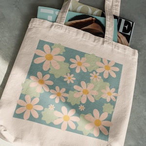 Retro Daisy Floral Tote Bag, 12 oz Cotton Canvas, Wildflowers Print, Garden Carryall image 1