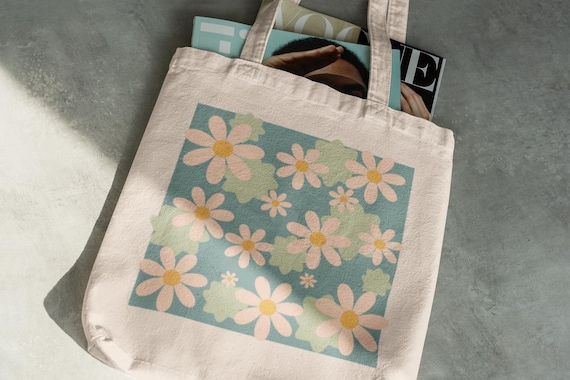 Retro Daisy Floral Tote Bag, 12 oz Cotton Canvas, Wildflowers Print, Garden Carryall