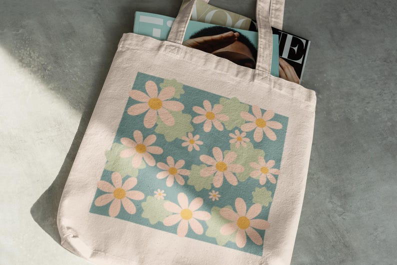 Retro Daisy Floral Tote Bag, 12 oz Cotton Canvas, Wildflowers Print, Garden Carryall image 1