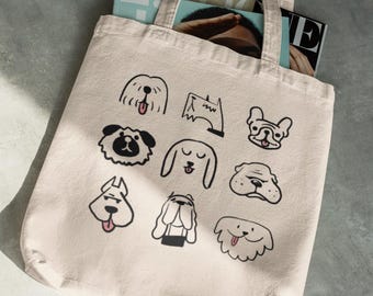 Hand-Drawn Dog Faces Cotton Canvas Tote Bag, Pet Lover Shopper Bag, Minimalist Puppy Face