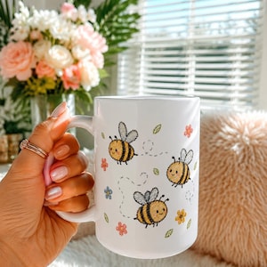 Bumblebee Garden Mug, Hand-Drawn Floral Coffee Ceramic Cup, Bee Lover Gift