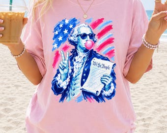 George Washington Bubblegum Pop Art T-Shirt, Patriotic Flag Graphic, Funny July 4th Shirt