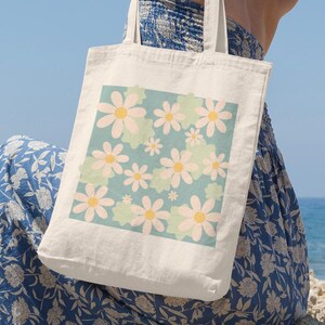 Retro Daisy Floral Tote Bag, 12 oz Cotton Canvas, Wildflowers Print, Garden Carryall image 4