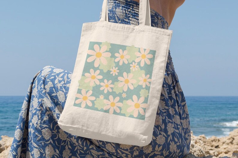 Retro Daisy Floral Tote Bag, 12 oz Cotton Canvas, Wildflowers Print, Garden Carryall image 4