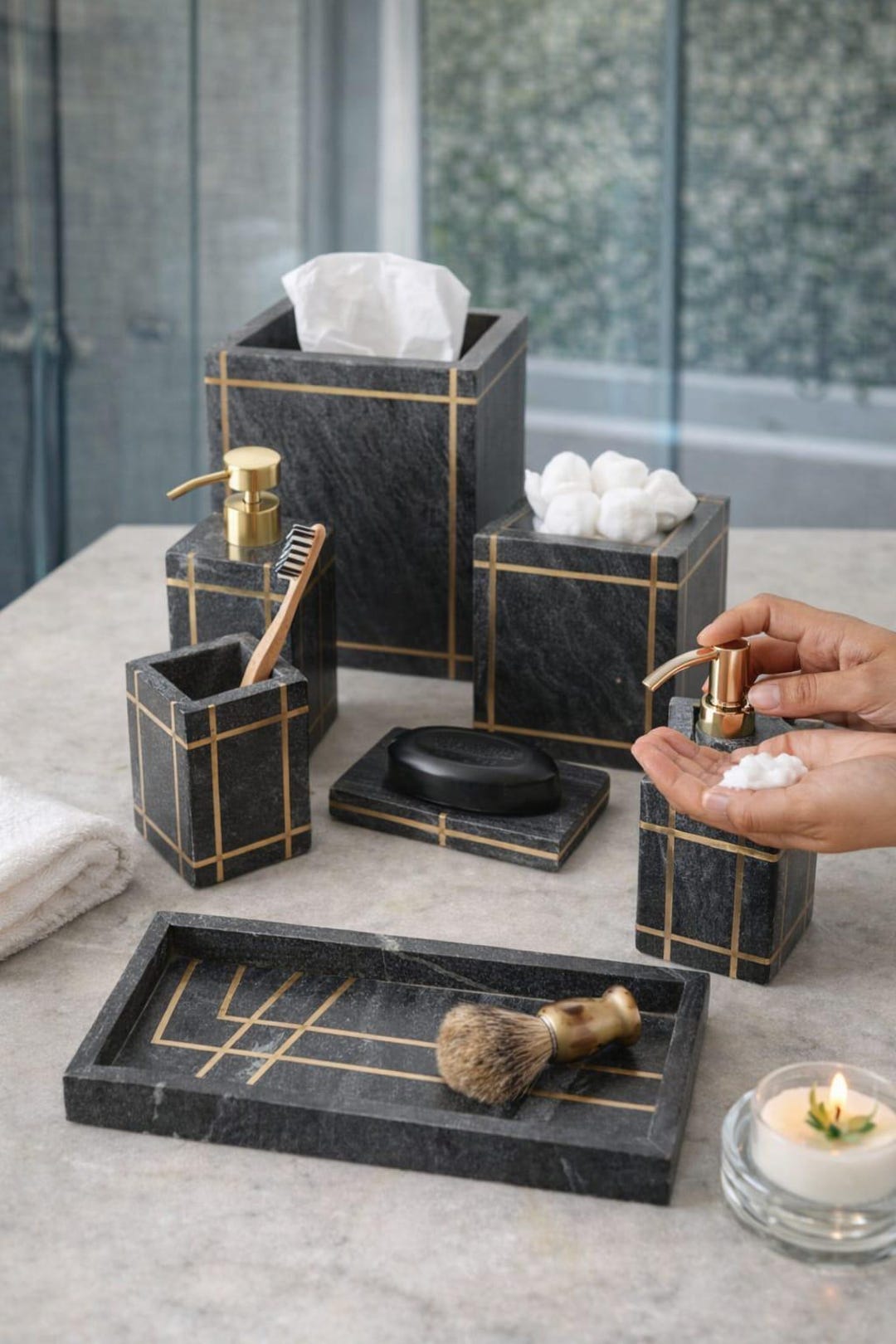 Handmade Dark Grey Marble Bathroom Accessories Set, Gold Inlay Home ...