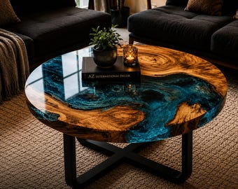 Runder Epoxy River Couchtisch, Naturholz, Blue Ocean Resin, moderne Wohnzimmermöbel