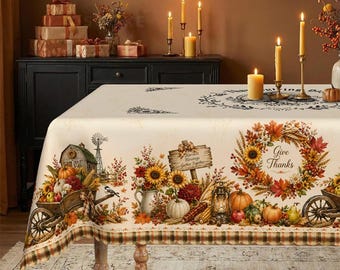 Ghirlanda autunnale per il Giorno del Ringraziamento e tovaglia a quadri con zucche - Festa autunnale in stile rustico vintage