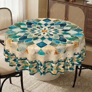 May include: A round tablecloth featuring a large, symmetrical mandala-style floral pattern in shades of teal, turquoise, and deep blue, accented with beige and gold marble-like textures. The border displays a repeating geometric tile design.