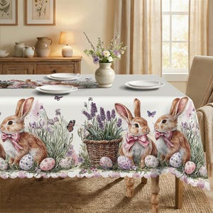 May include: A white Easter-themed tablecloth featuring illustrations of brown rabbits with pink bows, lavender, butterflies, and decorated eggs. The tablecloth has a scalloped edge and is set on a wooden table.