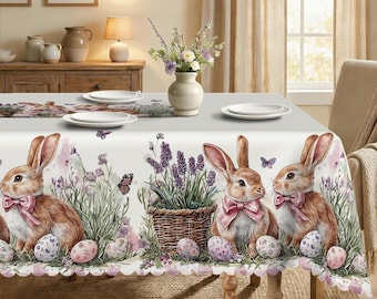 Vintage Watercolor Bunny Tablecloth | Lavender Meadow Easter Dining Cover