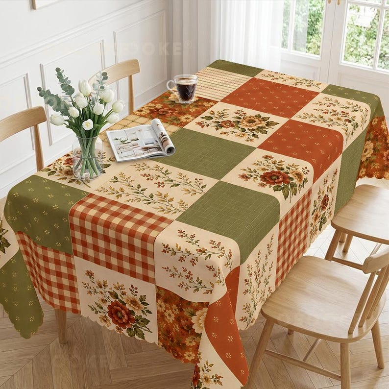 Mantel con estampado floral de patchwork, cuadros búfalo vintage rojos y verdes, decoración otoñal de estilo rústico. imagen 3