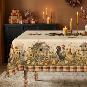 Vintage Rooster & Sunflower Farmhouse Tablecloth | Rustic Barnyard Dining Decor | Holiday Gathering for April Celebrations