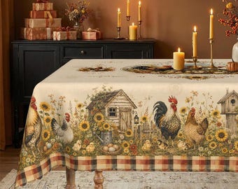 Mantel rústico vintage con gallo y girasoles / Decoración campestre para comedor / Reuniones festivas para las celebraciones de abril