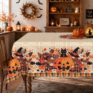 May include: A rectangular tablecloth featuring a festive Halloween pattern with orange pumpkins, black cats, witch hats, and autumn leaves. The design includes a plaid border along the bottom edge, set against a cream-colored background with a repeating leaf motif.