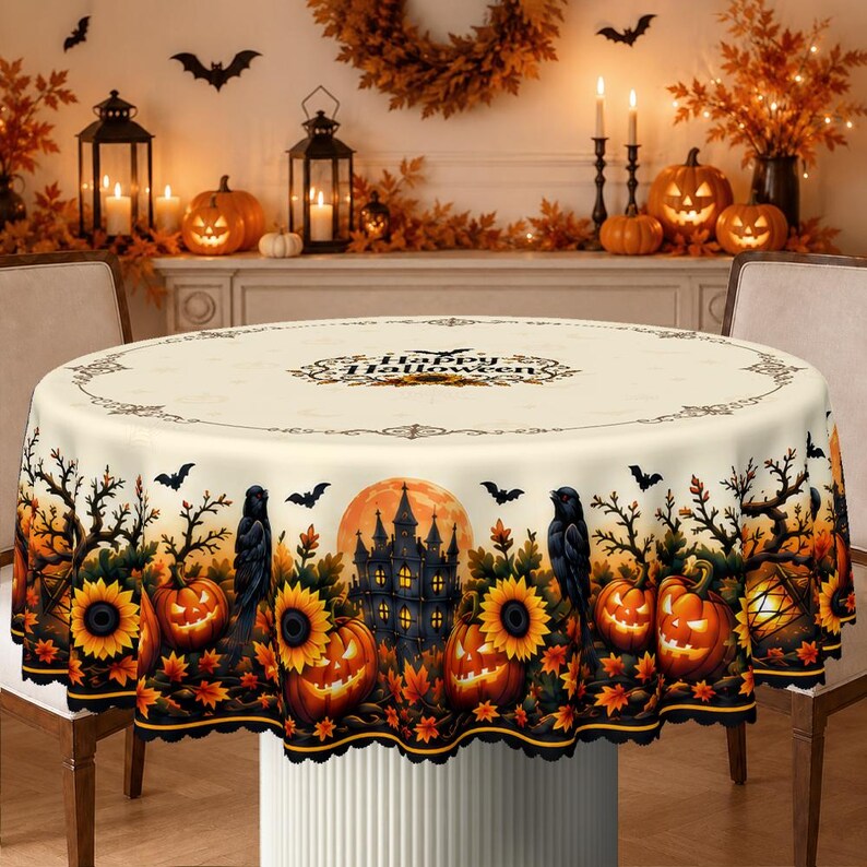 Cream rectangular holiday tablecloth printed with central "Happy Halloween" typography, framed by detailed gothic sunflowers, black ravens, and spooky harvest pumpkin illustrations.