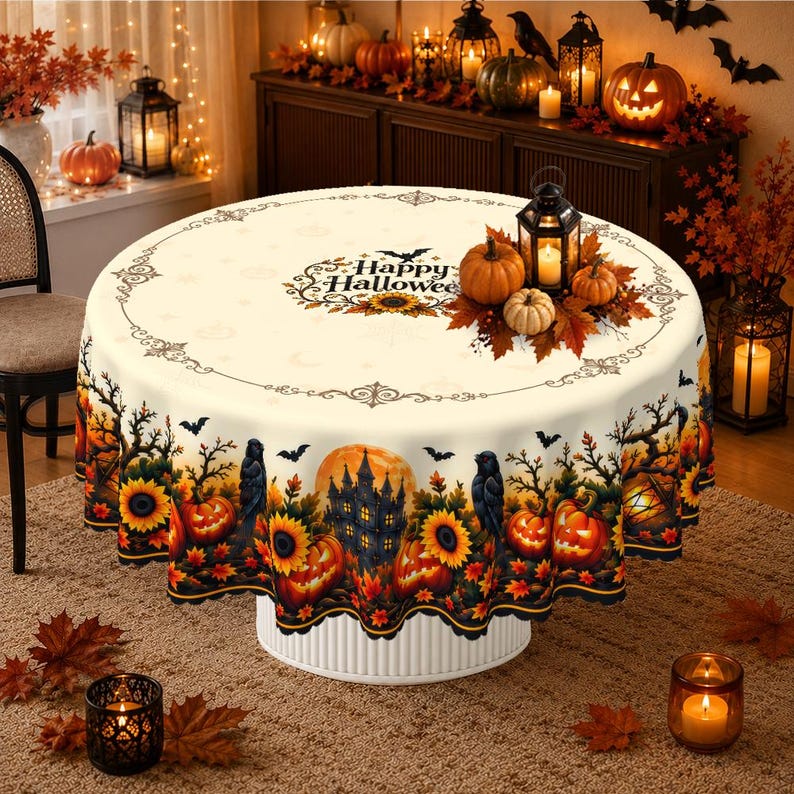 Rustic farmhouse Halloween tablecloth featuring glowing pumpkins, flying bats, and a haunted mansion border, styled on a wooden dining table with warm candlelit lantern accents.
