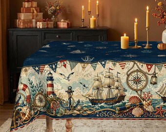 Vintage Nautical Tablecloth Patriotic Fourth of July Decor Coastal Anchor Lighthouse Sailboat Beach Party Summer Holiday Dining