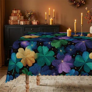 May include: A decorative tablecloth featuring a repeating pattern of glittery shamrocks in gold, teal, green, and purple against a black background. The scalloped edge adds a decorative touch. Candles and gifts are in the background.