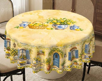 Lemon Grove Mediterranean Tablecloth, Blue & Yellow Spring Summer Party, Tuscany Patio Dining Decor