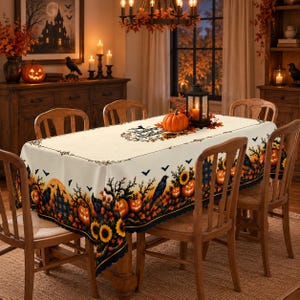 High-angle view of a rectangular Halloween tablecloth reading "Happy Halloween", surrounded by an ornate border of carved jack-o'-lanterns, sunflowers, and crows, styled for an autumn holiday dinner party.