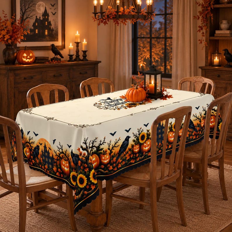High-angle view of a rectangular Halloween tablecloth reading "Happy Halloween", surrounded by an ornate border of carved jack-o'-lanterns, sunflowers, and crows, styled for an autumn holiday dinner party.