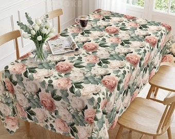 Blush Peony Eucalyptus Tablecloth | Vintage Floral Watercolor Print, Wedding Dining Decor