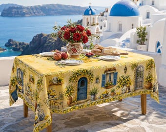 Lemon Grove Mediterranean Tablecloth, Blue & Yellow Spring Summer Party, Tuscany Patio Dining Decor
