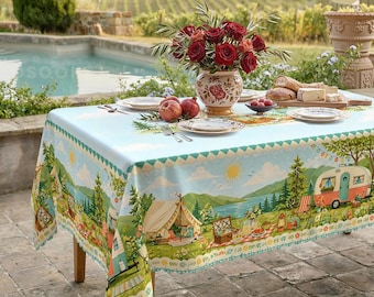 Vintage Camper Tent Watercolor Tablecloth, Summer Picnic Outdoor Decor