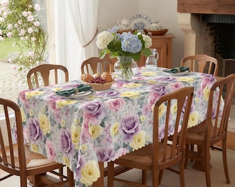 Waterproof Rose Floral Tablecloth, Washable Polyester Spring Table Decor