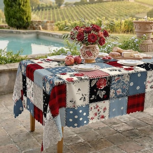 Vintage Patchwork Tablecloth, Americana Gingham Floral Polka Dot Decor