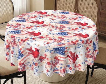 Patriotic Tablecloth | Watercolor Cardinal, American Flag Floral, Summer Picnic Decor