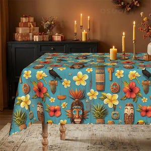 May include: A rectangular tablecloth featuring a light blue wood-plank background pattern with repeating illustrations of tiki masks, toucans, pineapples, red hibiscus flowers, and yellow plumeria blossoms across the entire surface.