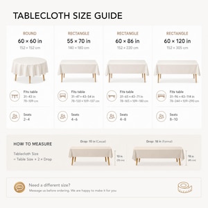 May include: A tablecloth size guide infographic featuring a round 60x60 inch tablecloth and three rectangular options: 55x70, 60x86, and 60x120 inches. It includes table fit dimensions, seating capacity, and a how-to-measure section with 10 and 18 inch drops.