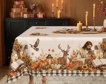 Jesus Autumn Harvest Tablecloth Rustic Sunflower and Deer Christian Fall Decor