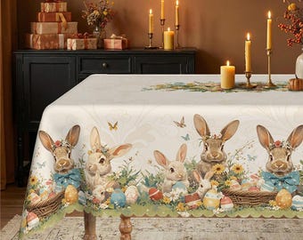 Waterproof Easter Tablecloth, Bunny & Floral Print, Spring Party Decor