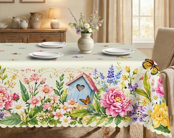 Vintage Easter Egg Hunt Tablecloth, Watercolor Floral Butterfly Border, Spring Garden Party Decor
