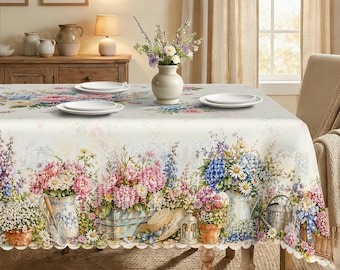 Vintage Watercolor Floral Garden Tablecloth, Shabby Chic Spring Dining Decor