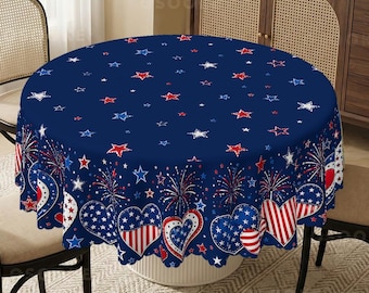Fourth of July Tablecloth - Patriotic Red White Blue Heart Stars Fireworks Border, Americana Independence Day BBQ Picnic Dining Decor