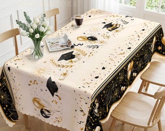 Black Gold Graduation Tablecloth – Caps, Diplomas, Balloons Commencement Decor