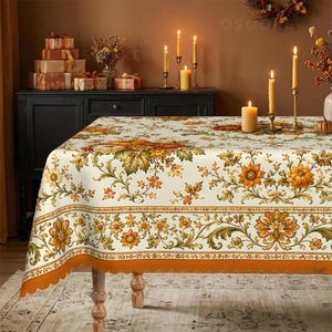 May include: A rectangular tablecloth featuring a cream-colored base with an autumnal pattern of orange pumpkins, yellow flowers, and green leaves. The fabric has a scalloped orange border along the edges, creating a decorative finish for the table.
