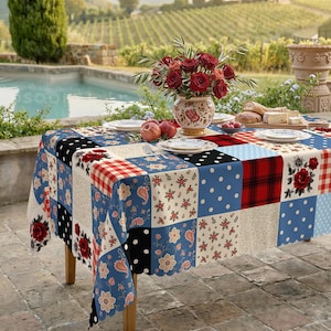 Vintage Patchwork Tablecloth, Americana Gingham Floral Polka Dot Decor