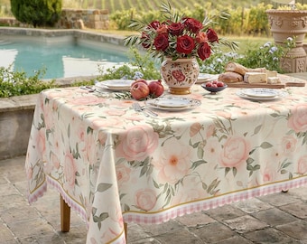 Shabby Chic Pink Rose Watercolor Floral Tablecloth, Vintage Victorian Style Polyester Cover