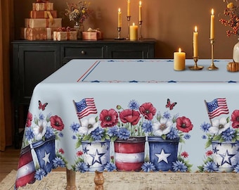 Patriotic Mason Jars & Poppy Border Tablecloth for Fourth of July, Memorial Day BBQ, Labor Day Picnic, Red White Blue Summer Gathering
