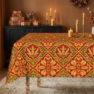 Red and Gold Wheat Pattern Tablecloth Autumn Harvest Diamond Lattice Table Cover