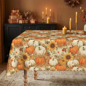 May include: A rectangular tablecloth featuring a repeating pattern of orange pumpkins, white pumpkins, and yellow sunflowers on a light background. The fabric covers a table, displaying a seasonal harvest design with autumn-themed botanical elements.