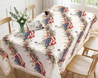 Vintage Americana Flag Floral Wreath Tablecloth, Patriotic Red White Blue Decor