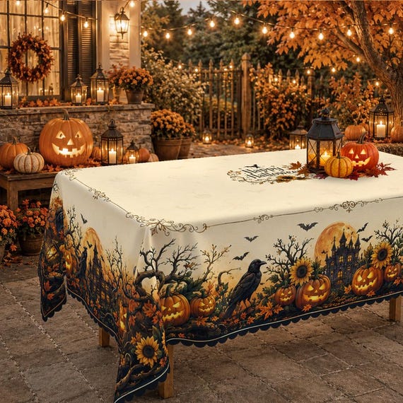Gothic Halloween Tablecloth, Vintage Pumpkin Crow Sunflower Decor, Haunted Mansion Autumn Cover