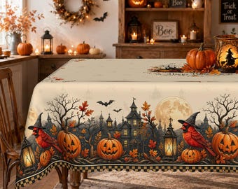 Vintage Cardinal Halloween Tablecloth, Haunted Village Spooky Pumpkin Table Cover